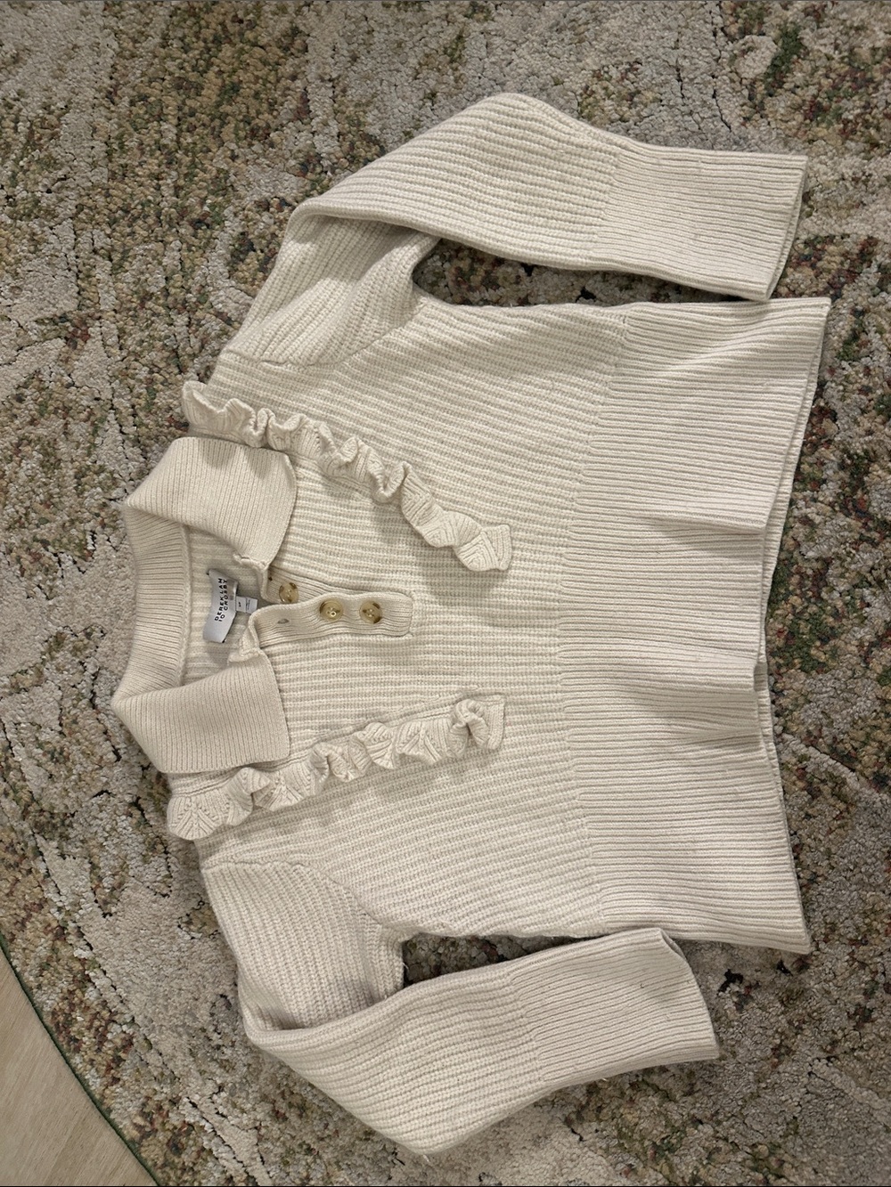 10 Crosby Derek Lam Cream Ruffle-Trim Ribbed Polo Sweater